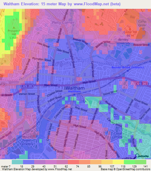 Waltham,US Elevation Map