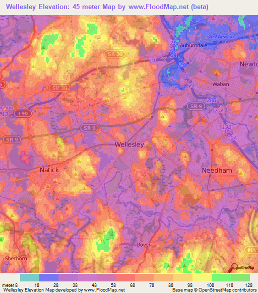 Wellesley,US Elevation Map