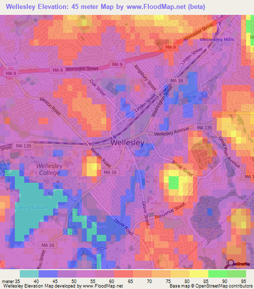 Wellesley,US Elevation Map