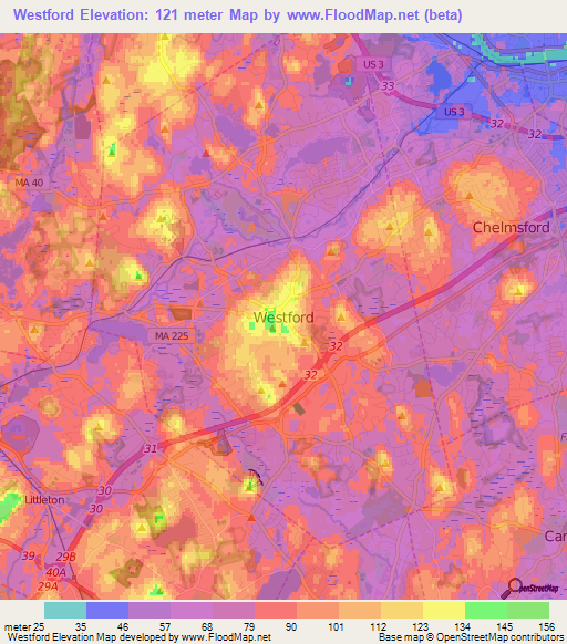 Westford,US Elevation Map