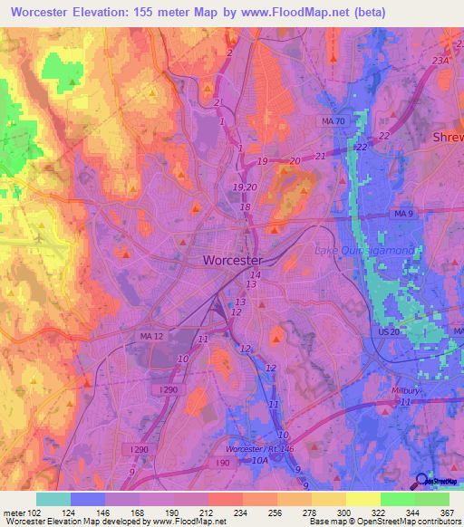 Worcester,US Elevation Map