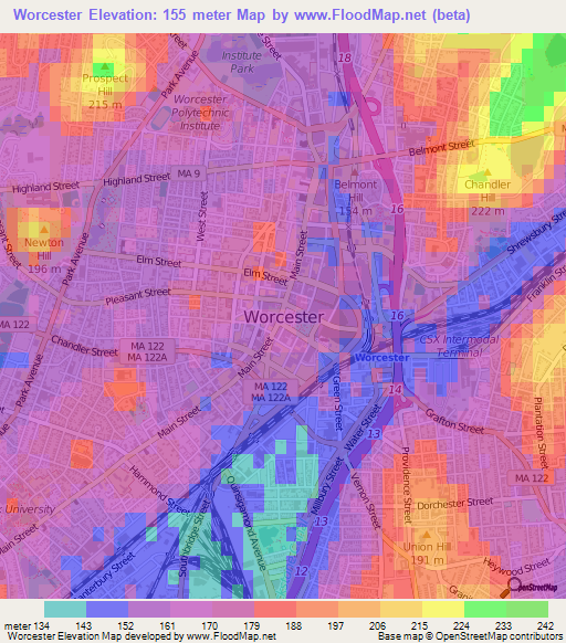 Worcester,US Elevation Map