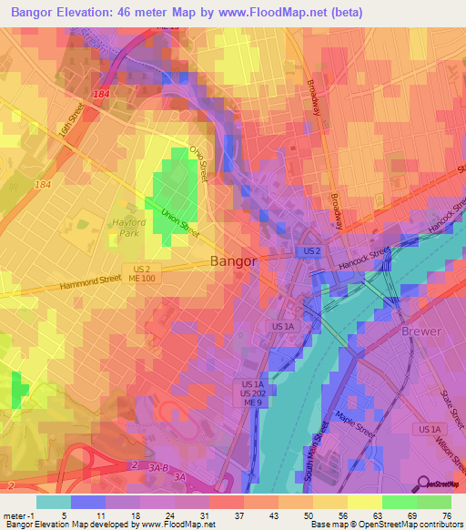 Bangor,US Elevation Map