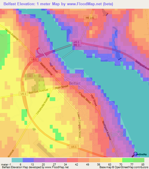 Belfast,US Elevation Map