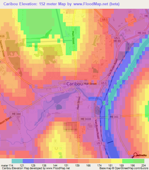 Caribou,US Elevation Map