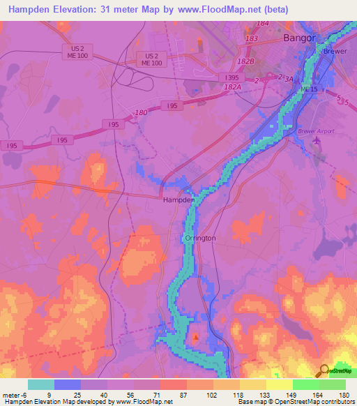 Hampden,US Elevation Map