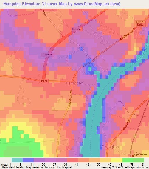 Hampden,US Elevation Map