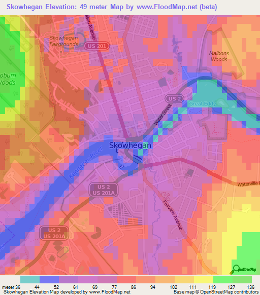 Skowhegan,US Elevation Map