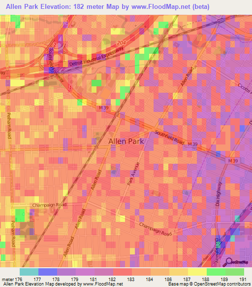 Allen Park,US Elevation Map