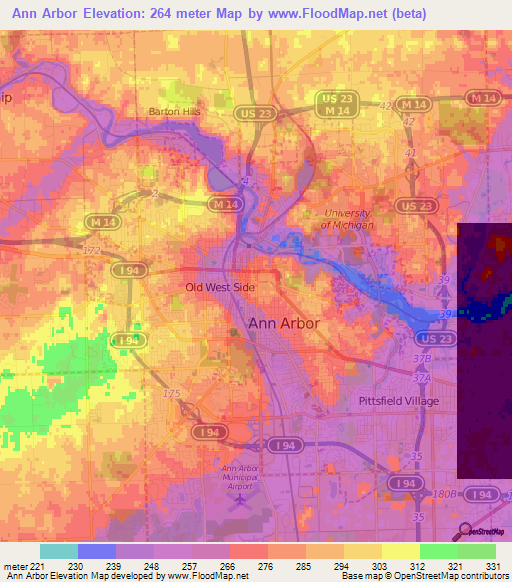 Ann Arbor,US Elevation Map