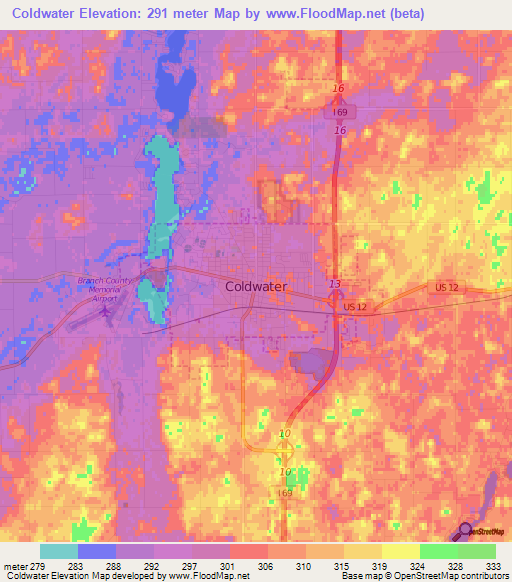 Coldwater,US Elevation Map