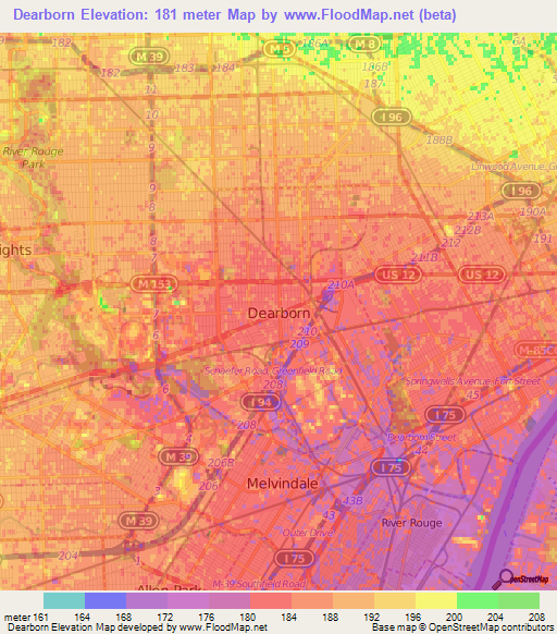 Dearborn,US Elevation Map