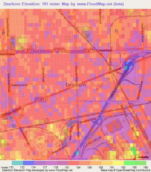 Dearborn,US Elevation Map