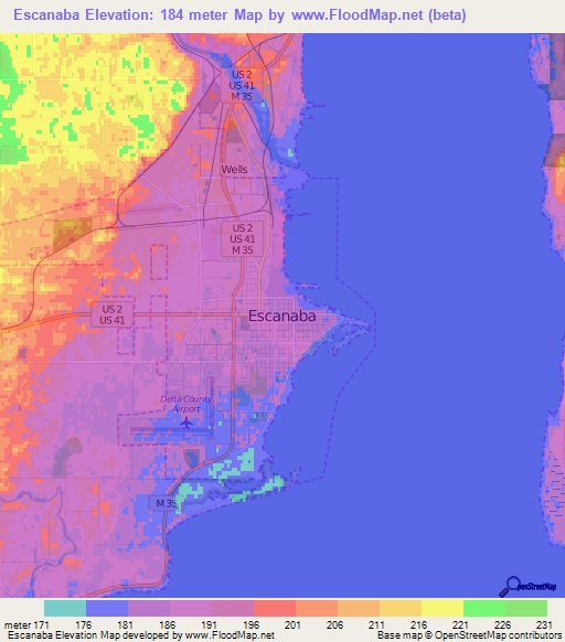 Escanaba,US Elevation Map