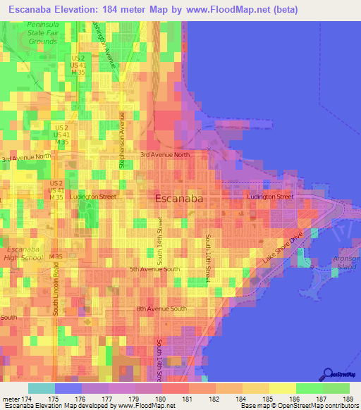 Escanaba,US Elevation Map