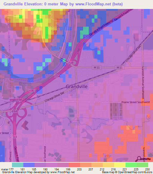 Grandville,US Elevation Map