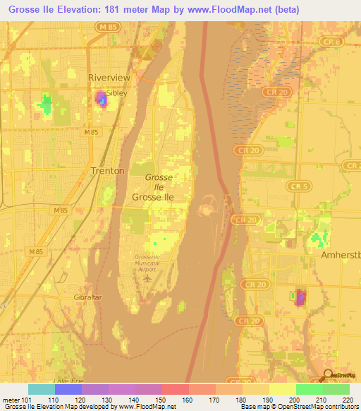 Grosse Ile,US Elevation Map