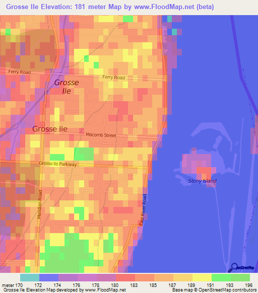 Grosse Ile,US Elevation Map