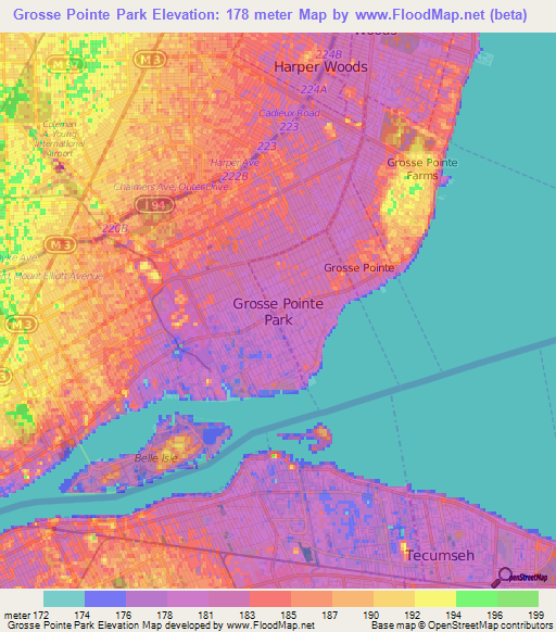 Grosse Pointe Park,US Elevation Map