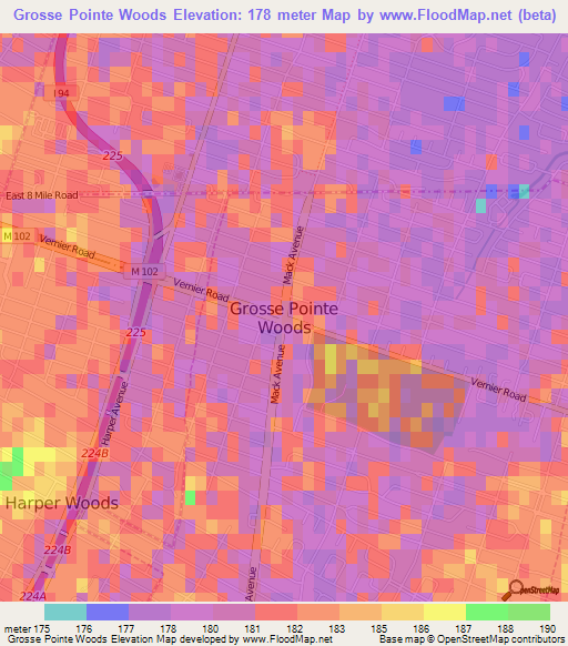 Grosse Pointe Woods,US Elevation Map