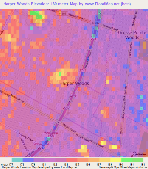 Harper Woods,US Elevation Map