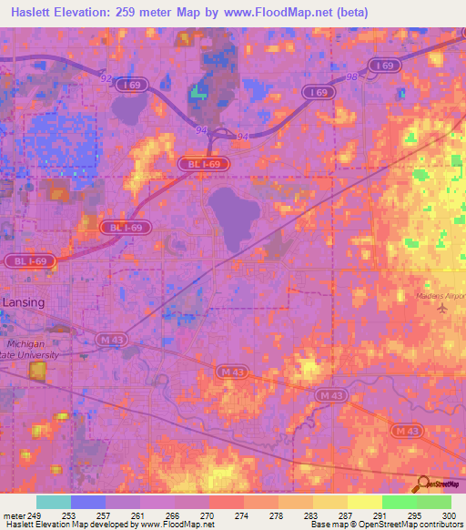 Haslett,US Elevation Map