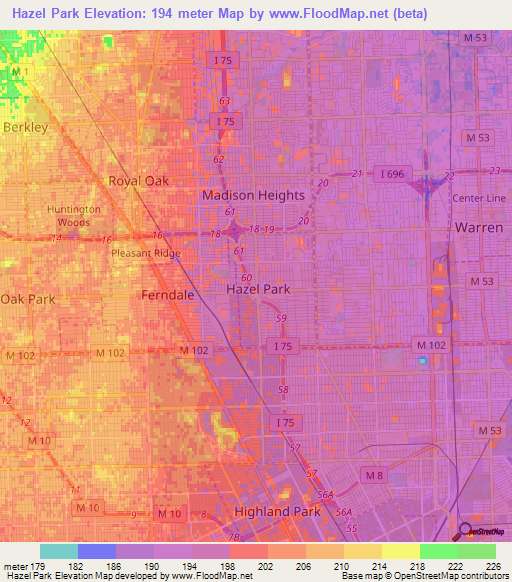 Hazel Park,US Elevation Map