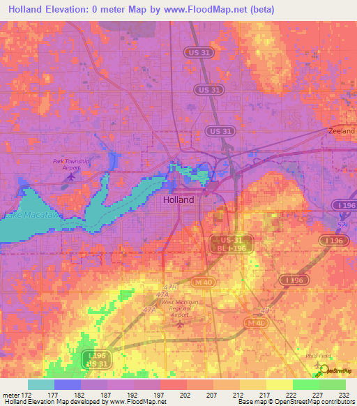 Holland,US Elevation Map