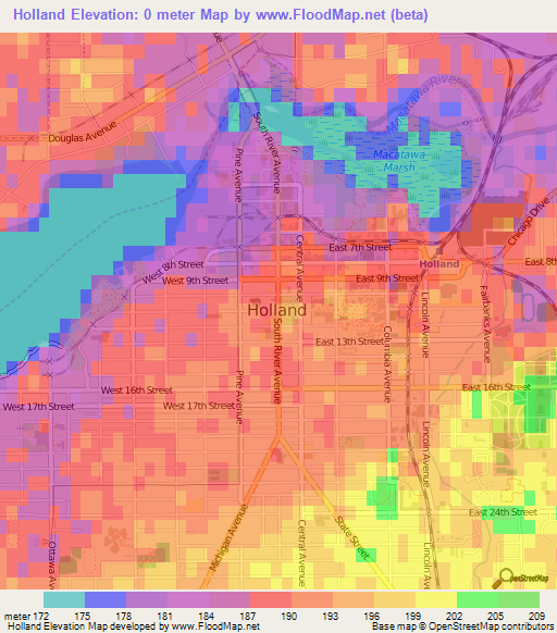 Holland,US Elevation Map