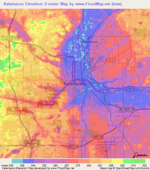 Kalamazoo,US Elevation Map