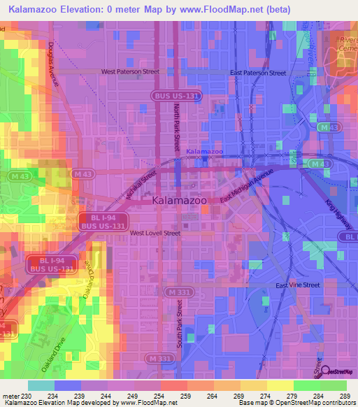 Kalamazoo,US Elevation Map