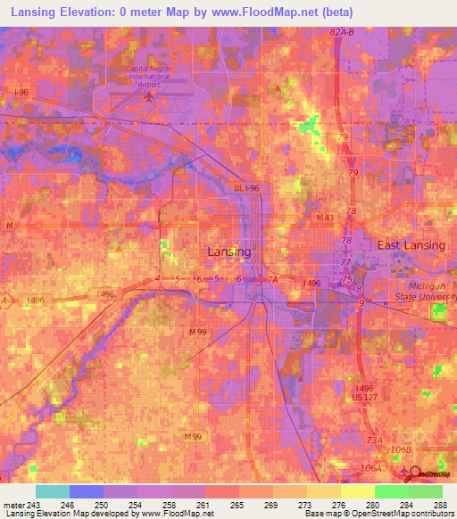 Lansing,US Elevation Map