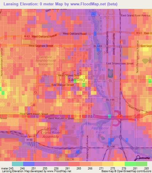 Lansing,US Elevation Map