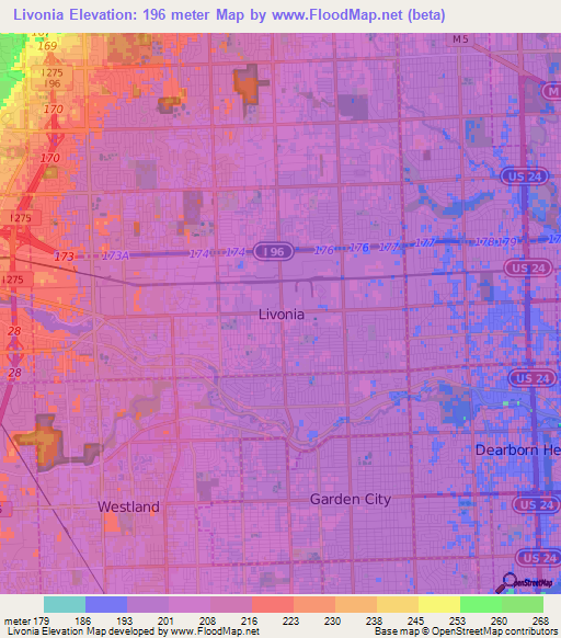 Livonia,US Elevation Map