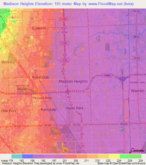 Madison Heights,US Elevation Map