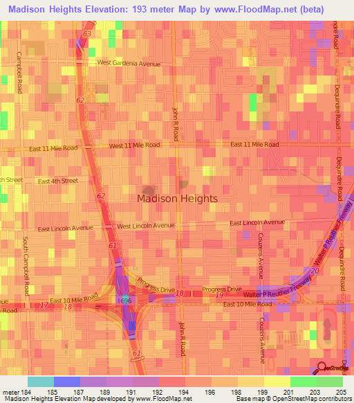 Madison Heights,US Elevation Map