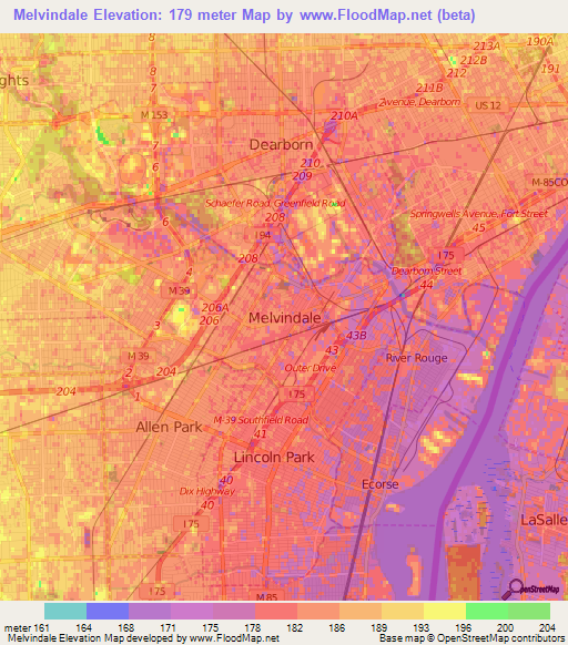 Melvindale,US Elevation Map