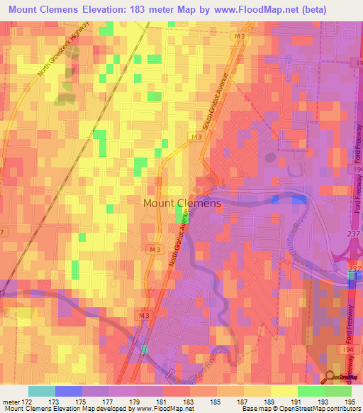 Mount Clemens,US Elevation Map