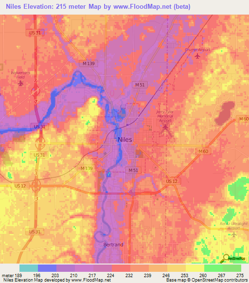 Niles,US Elevation Map