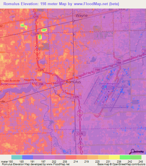 Romulus,US Elevation Map