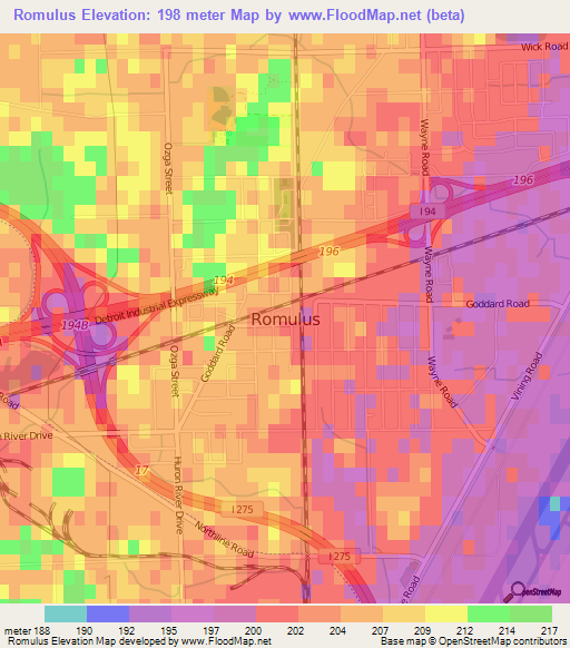 Romulus,US Elevation Map