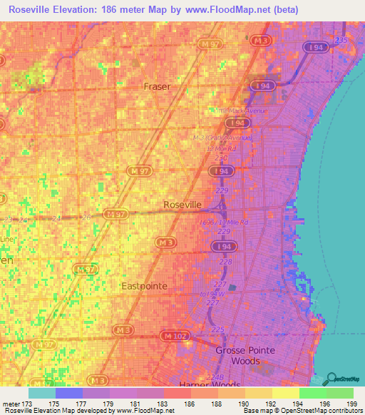 Roseville,US Elevation Map