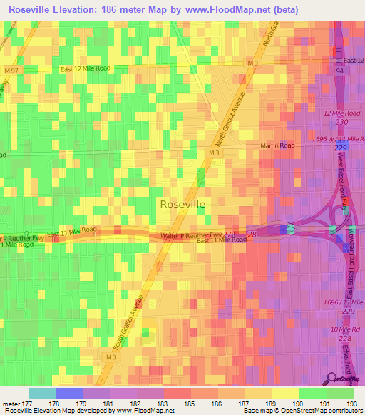 Roseville,US Elevation Map