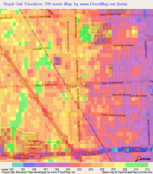 Royal Oak,US Elevation Map