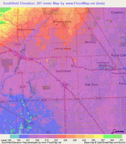 Southfield,US Elevation Map