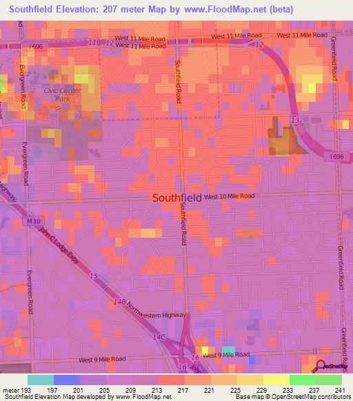 Southfield,US Elevation Map