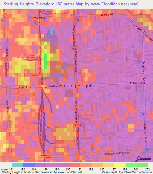 Sterling Heights,US Elevation Map