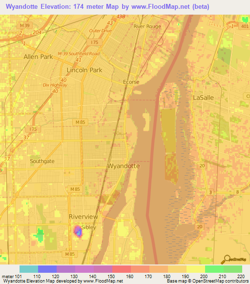 Wyandotte,US Elevation Map