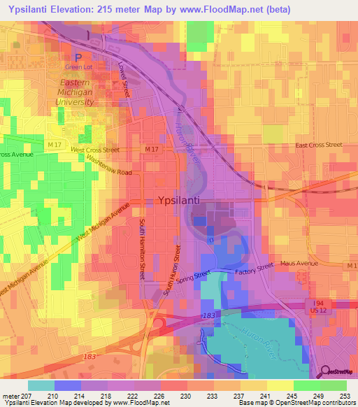 Ypsilanti,US Elevation Map