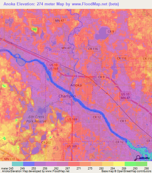 Anoka,US Elevation Map